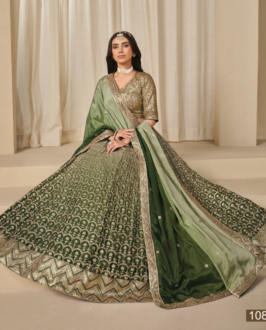 1081-green - Embroidered Work Chinon Designer Lehenga Choli in Olive for Women